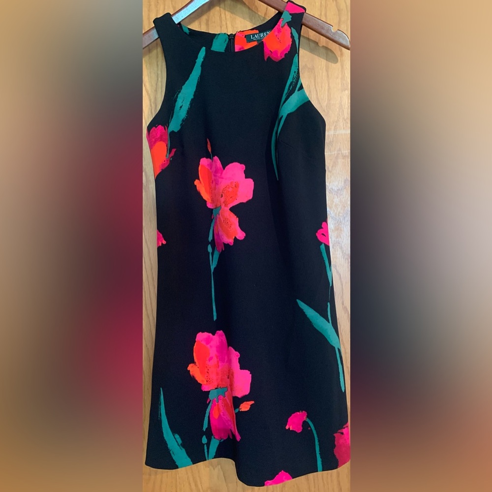 Lauren by Ralph Lauren Black Dress with Pink Floral Design